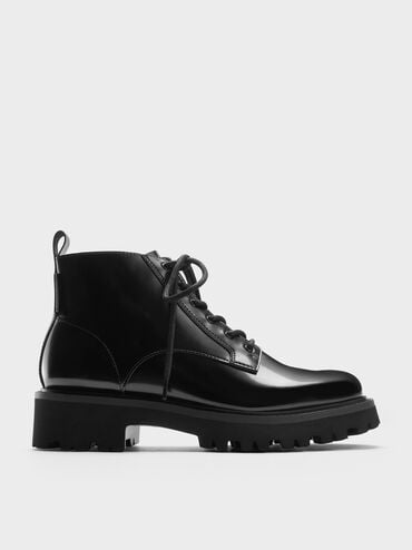 Ridged-Sole Side-Zip Combat Boots, Black Box, hi-res