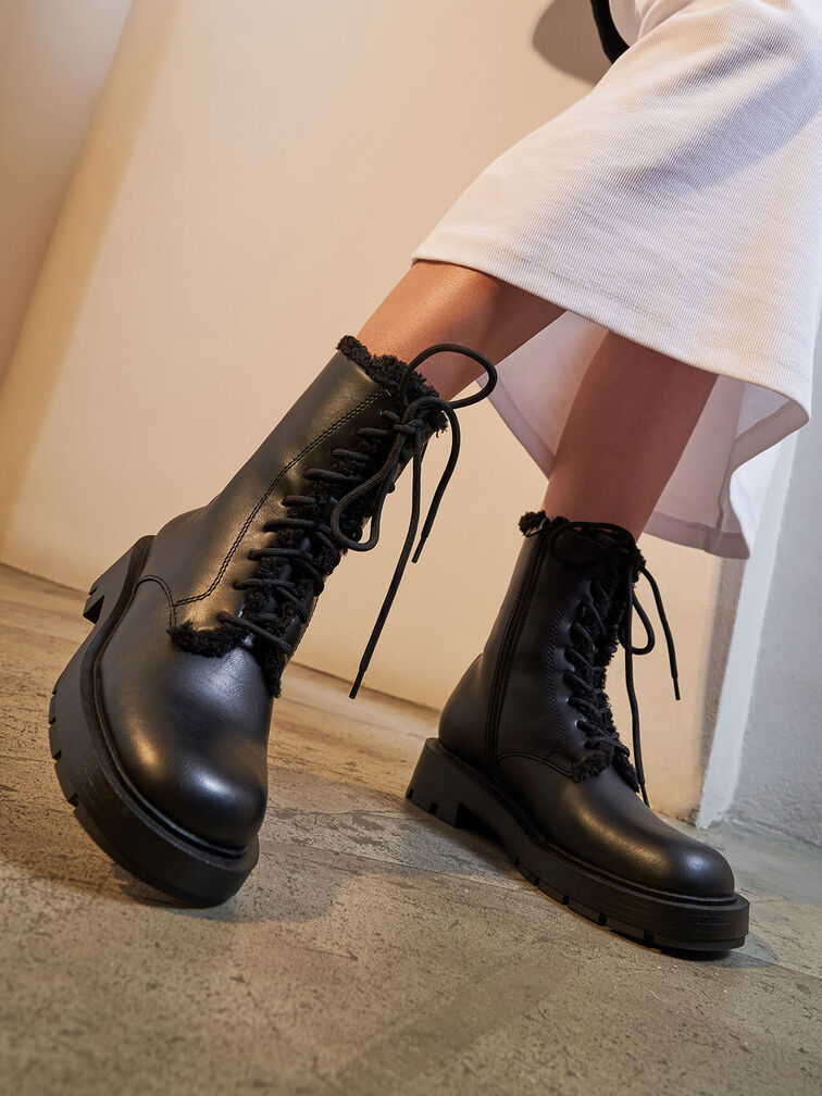 Fur-Trim Lace-Up Ankle Boots, Black, hi-res