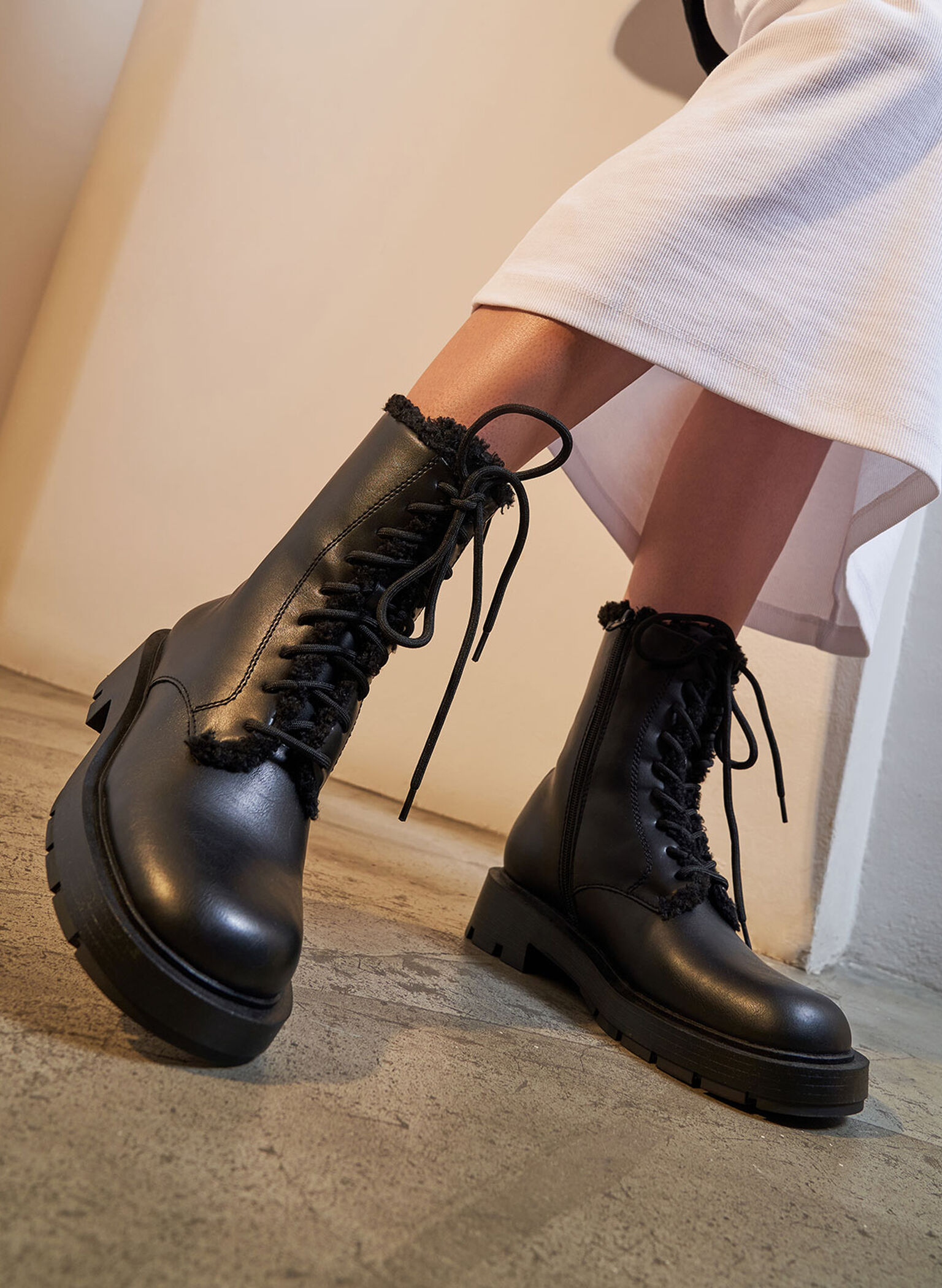 Fur-Trim Lace-Up Ankle Boots, Black, hi-res