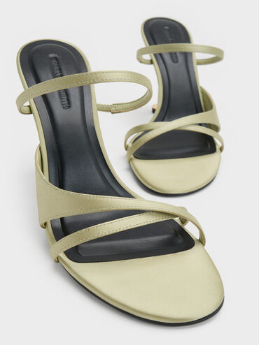Wynn Recycled Polyester Crossover Sculptural-Heel Strappy Mules, Green, hi-res
