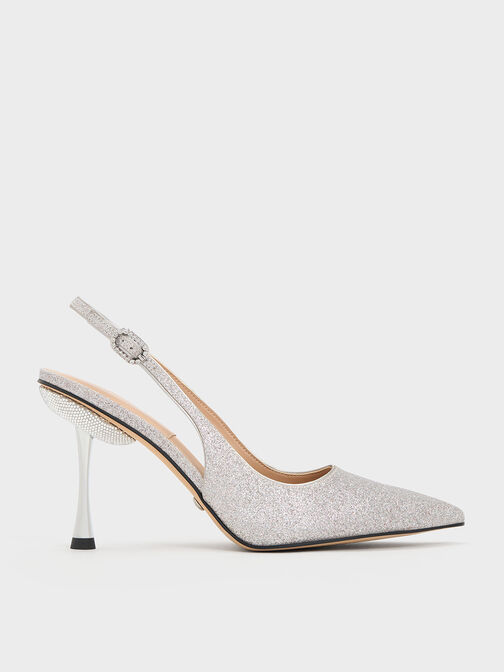 Demi Glittered Slingback Pumps, Silver, hi-res