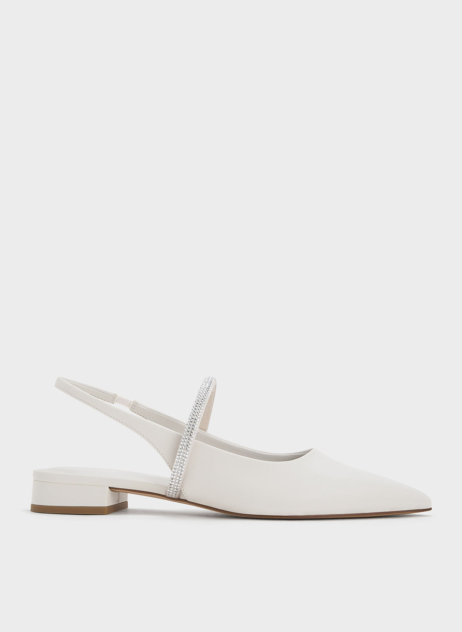 Crystal-Strap Pointed-Toe Slingback Flats, White, hi-res