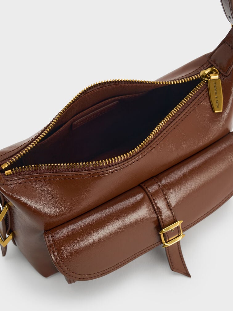 Bryna Belted Shoulder Bag, Dark Brown, hi-res