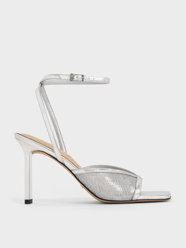 Sequin Mesh & Leather Ankle-Strap Heeled Sandals, Silver, hi-res