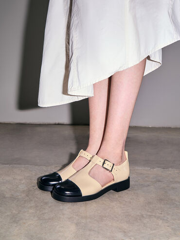 Charly Two-Tone T-Bar Buckled Sandals, Beige, hi-res