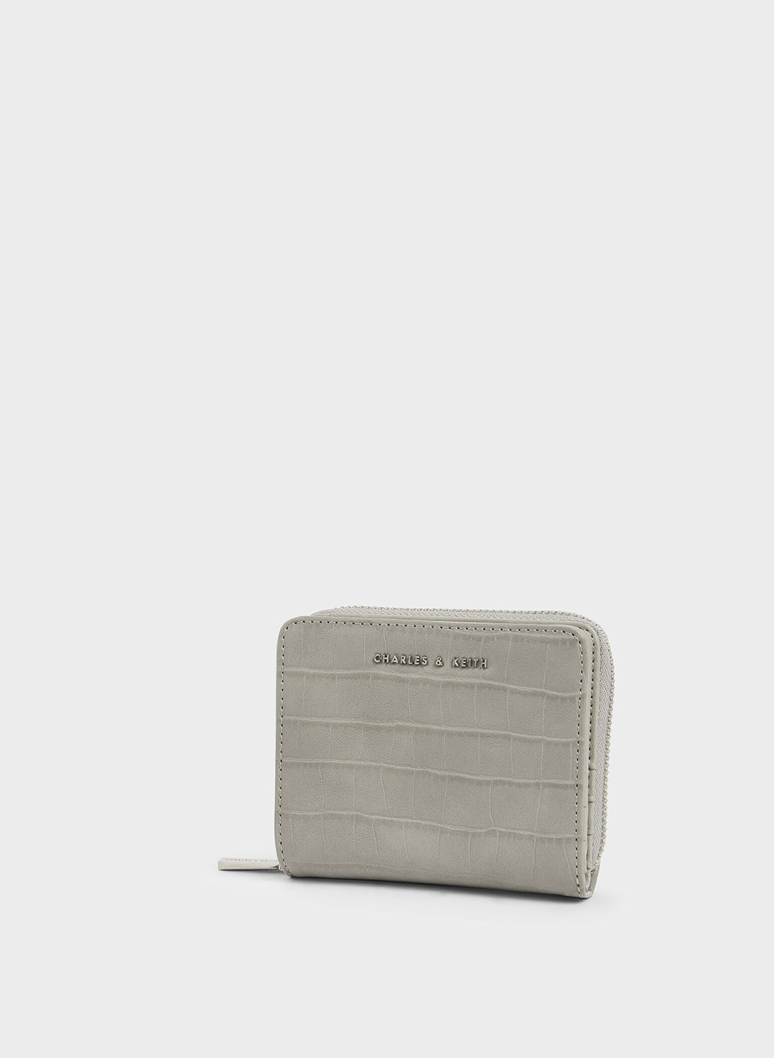 Croc-Effect Small Zip-Around Wallet, Light Grey, hi-res