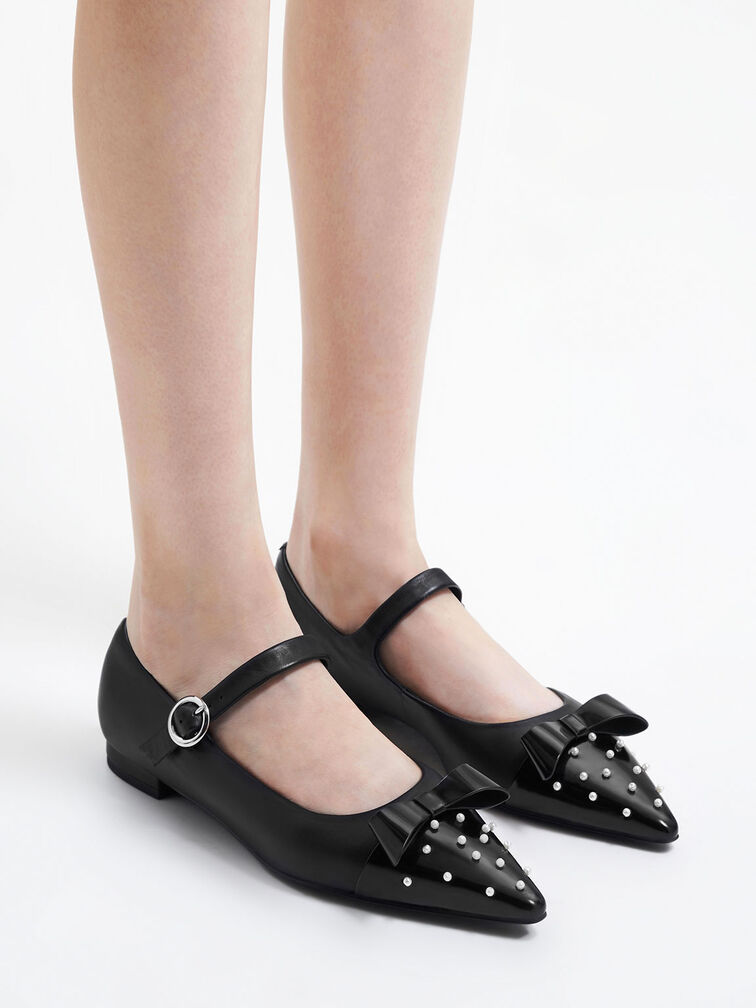 Bead-Embellished Leather Bow Mary Jane Flats, Black, hi-res