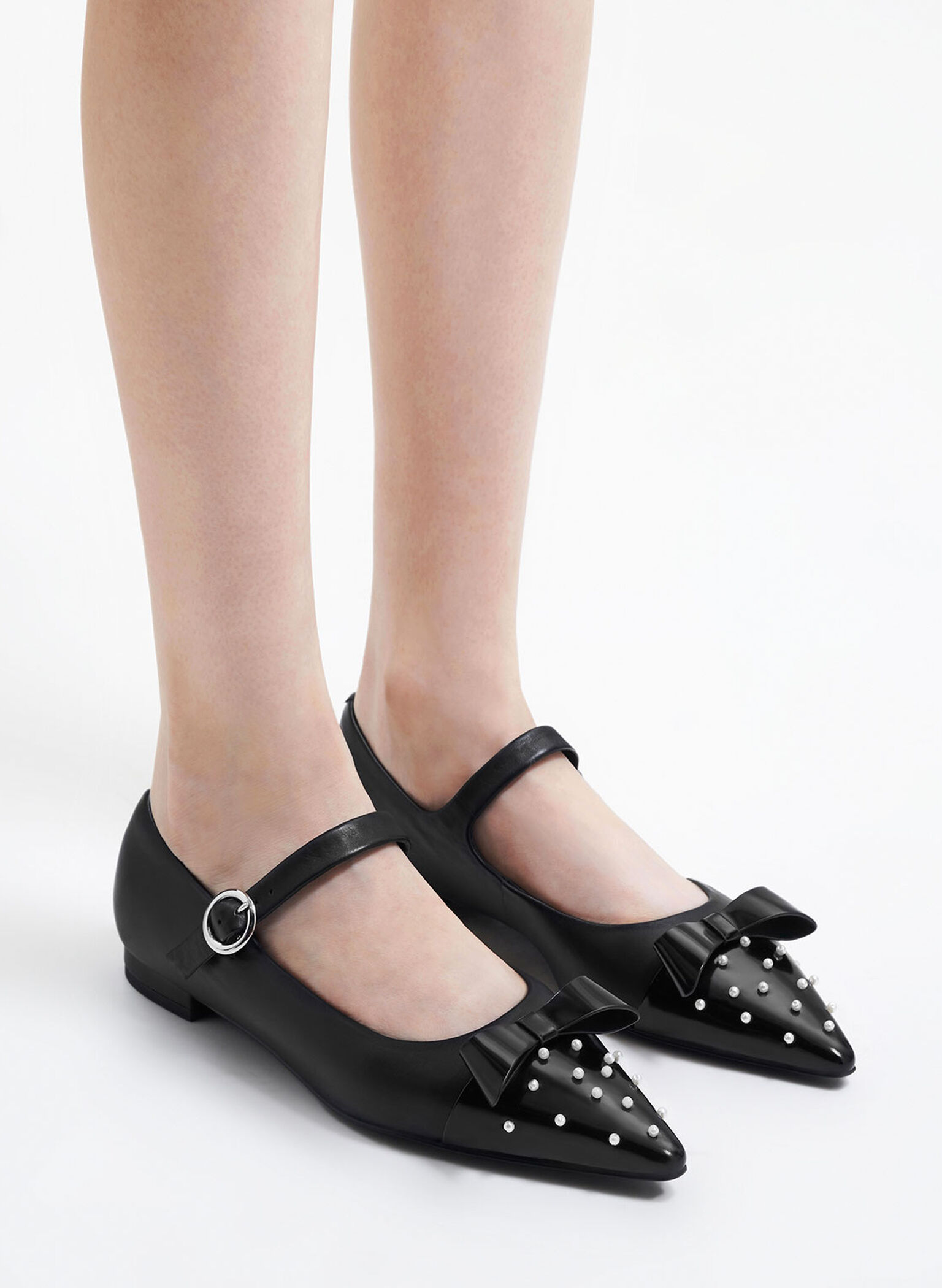 Bead-Embellished Leather Bow Mary Jane Flats, Black, hi-res