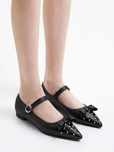 Bead-Embellished Leather Bow Mary Jane Flats, Black, hi-res