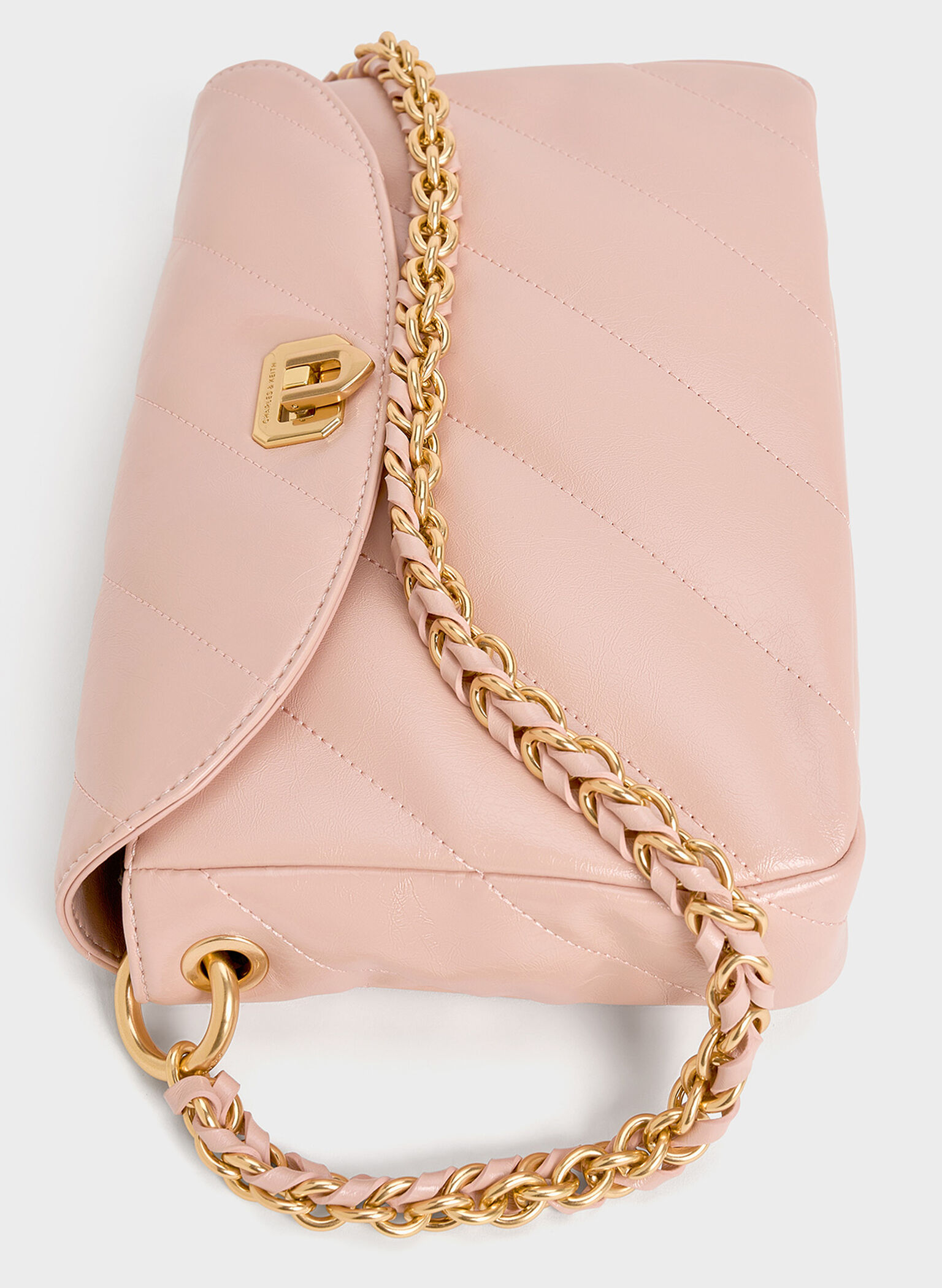 Fawn Panelled Front Flap Chain-Handle Bag, Light Pink, hi-res
