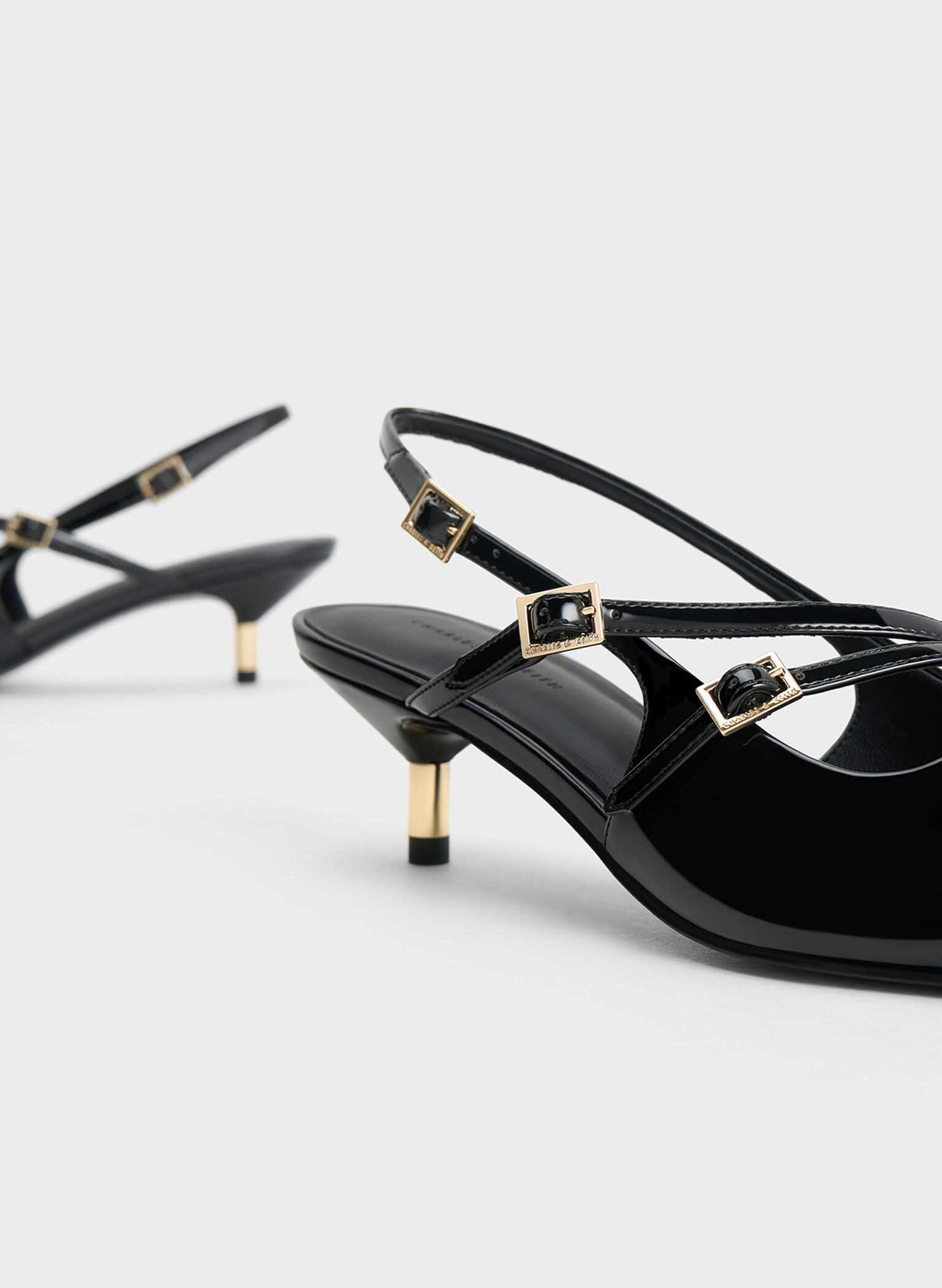 Patent Buckle-Strap Kitten Heel Slingback Pumps, Black Patent, hi-res