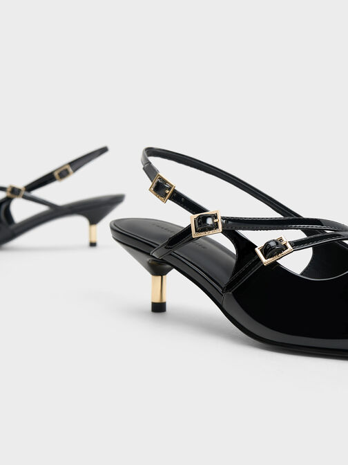 Patent Buckle-Strap Kitten Heel Slingback Pumps, Black Patent, hi-res