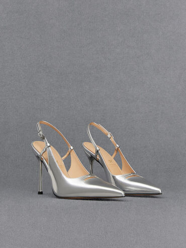Metallic Leather Pointed-Toe Slingback Pumps, Silver, hi-res