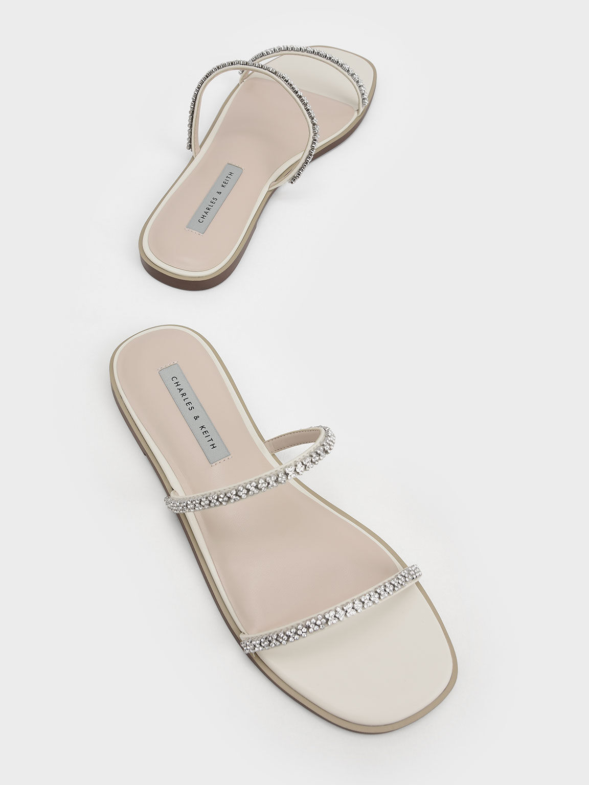 Gem-Encrusted Strappy Slide Sandals, Chalk, hi-res