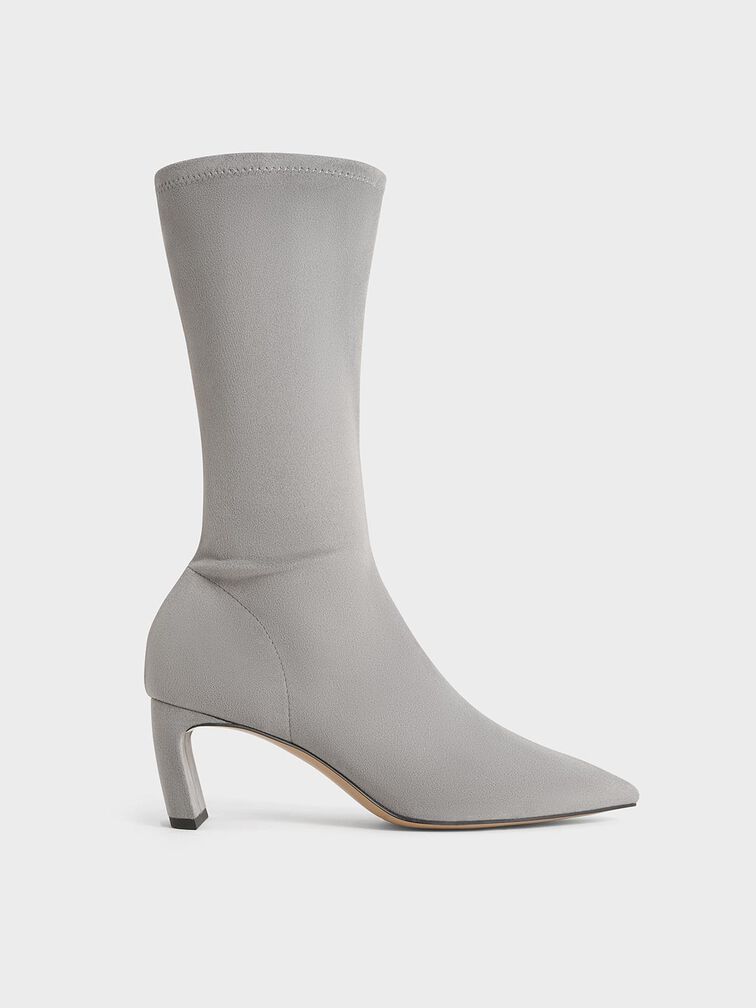 Faux Suede Blade-Heel Pointed-Toe Calf Boots, Grey, hi-res
