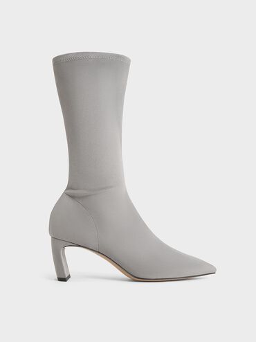 Faux Suede Blade-Heel Pointed-Toe Calf Boots, Grey, hi-res
