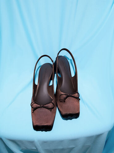 Satin Bow Square-Toe Slingback Pumps, Dark Brown, hi-res