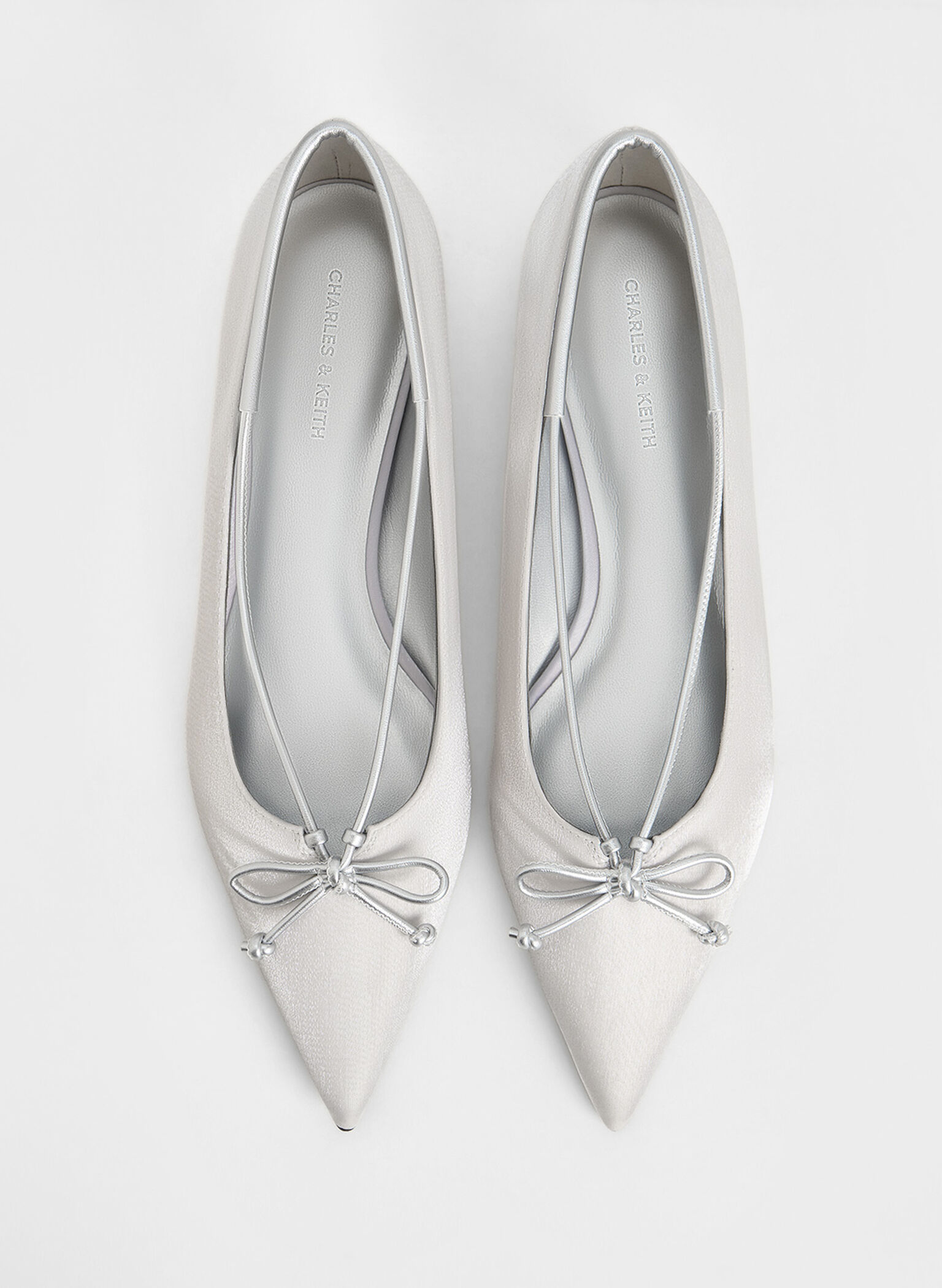 Metallic Bow Pointed-Toe Ballet Flats, Silver, hi-res