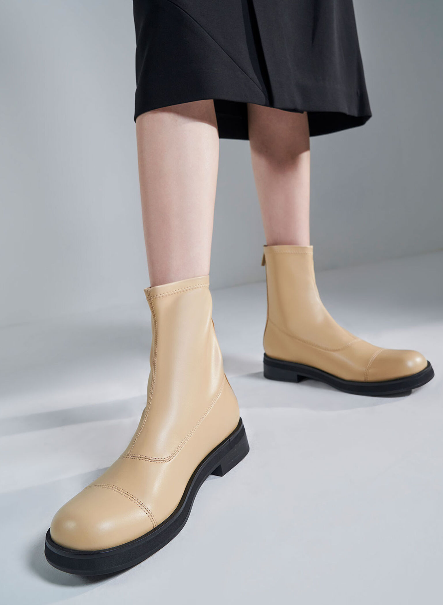 Round Toe Zip-Up Ankle Boots, Sand, hi-res