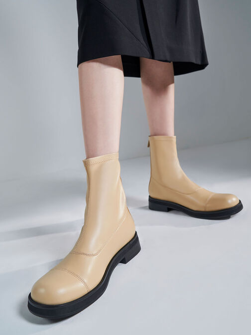 Round Toe Zip-Up Ankle Boots, Sand, hi-res