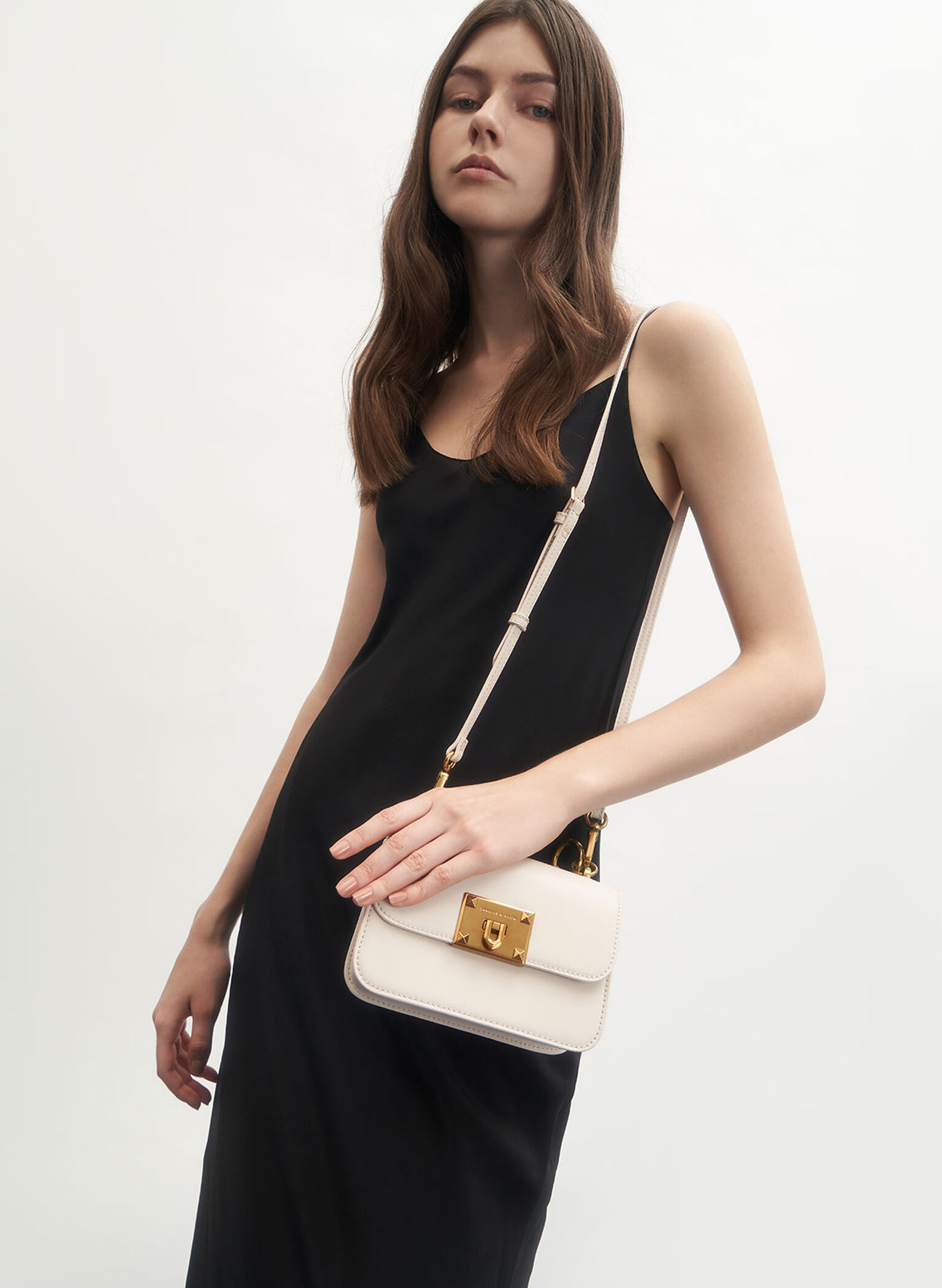 Metallic Turn-Lock Bag, Ivory, hi-res