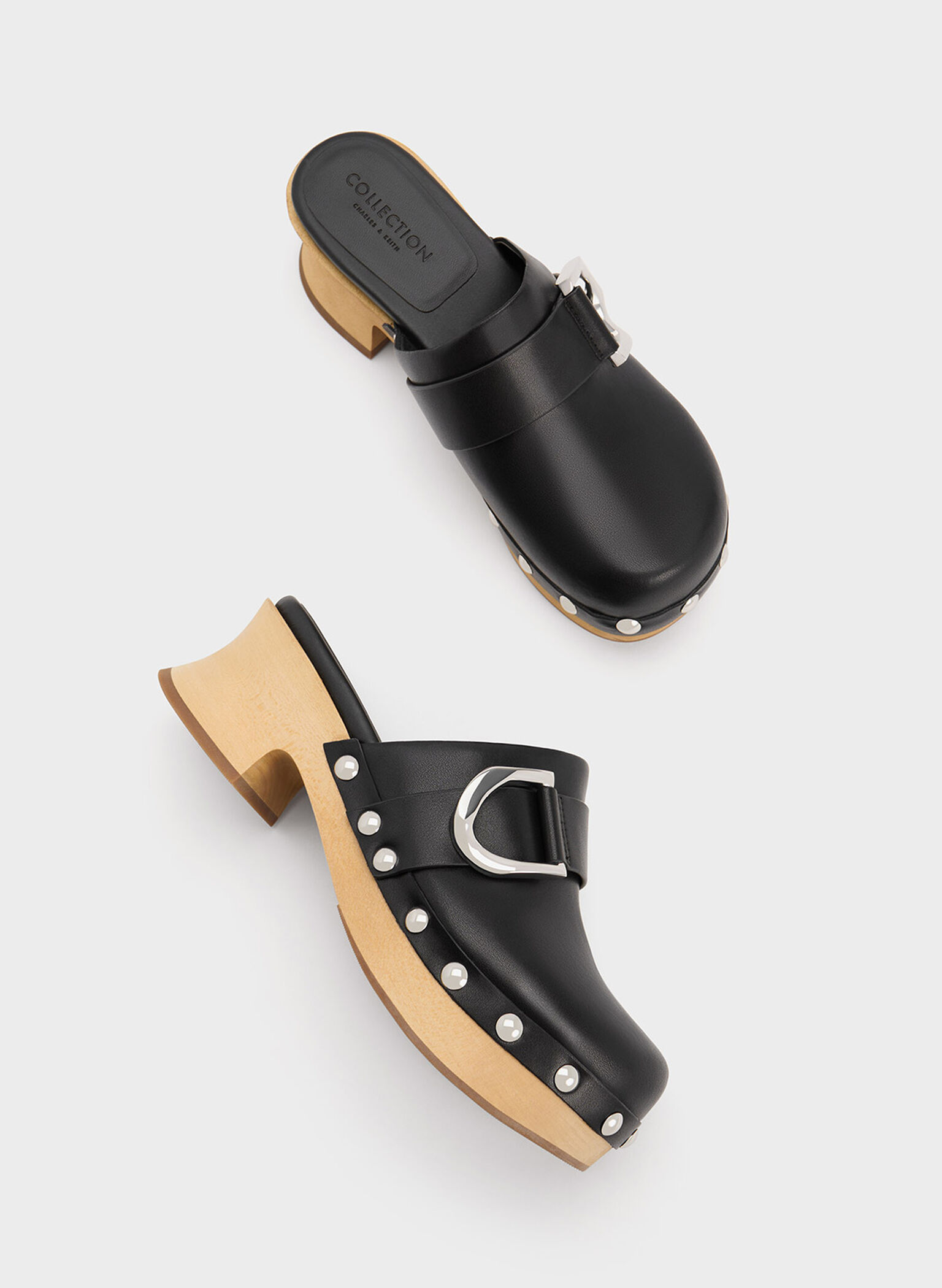 Gabine Studded Leather Clogs, Black, hi-res