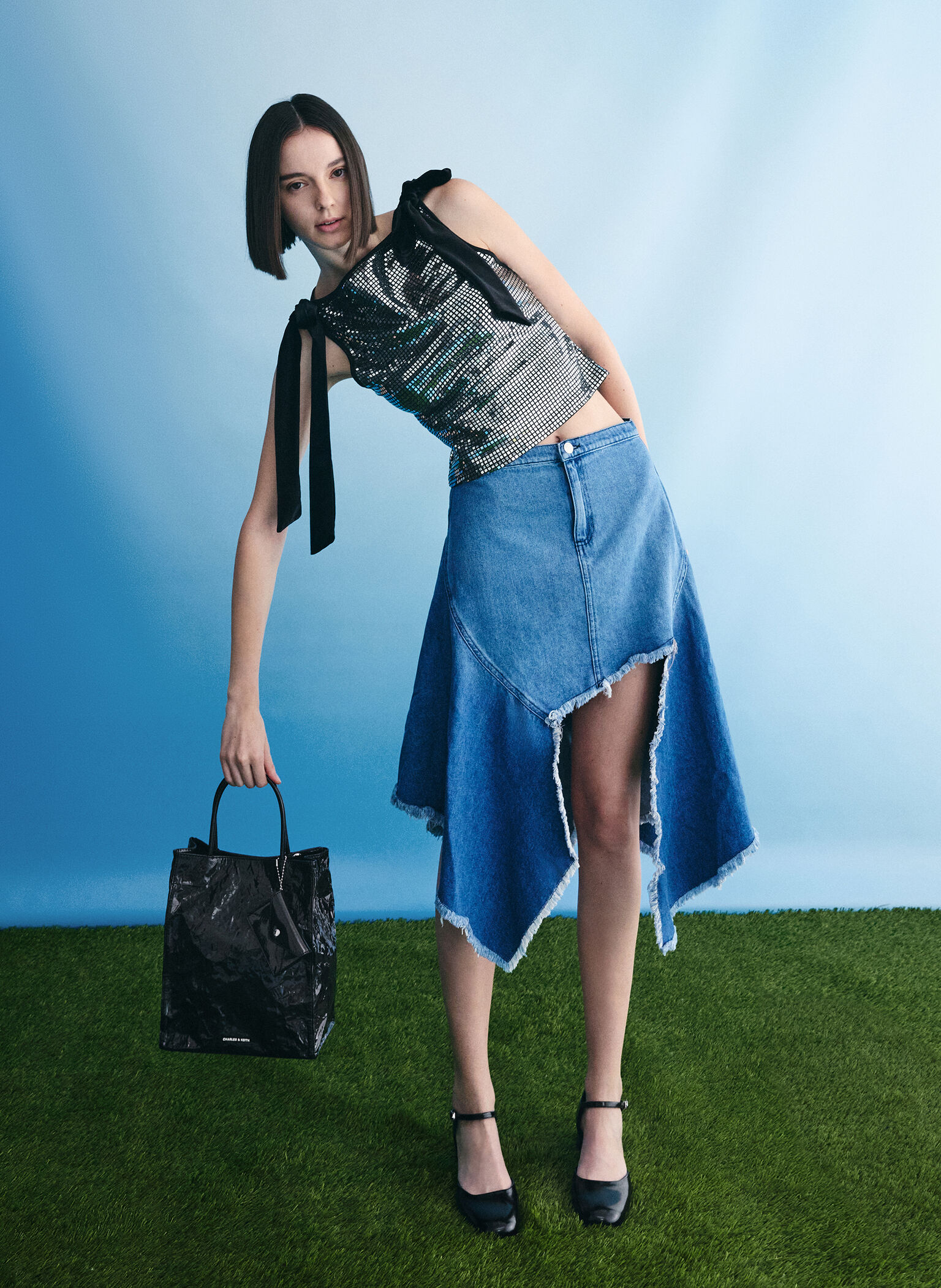 Large Matina Patent Crinkle-Effect Elongated Tote Bag, Prism Noir, hi-res