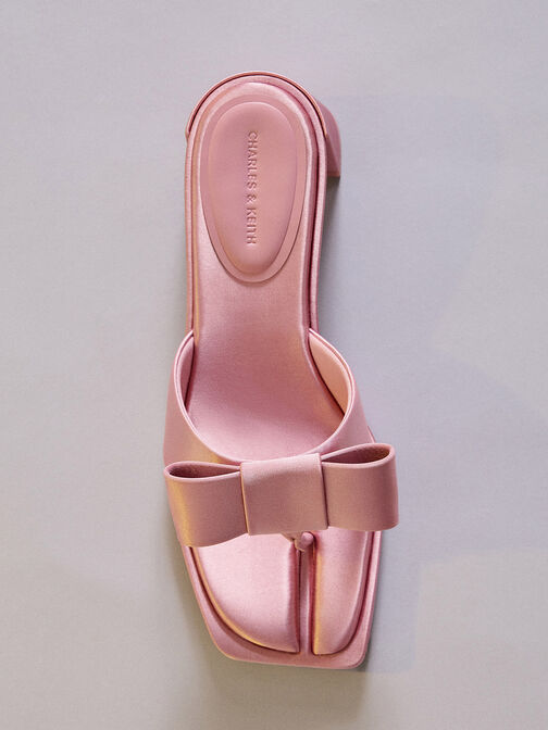 Satin Bow Heeled Thong Sandals, Pink, hi-res