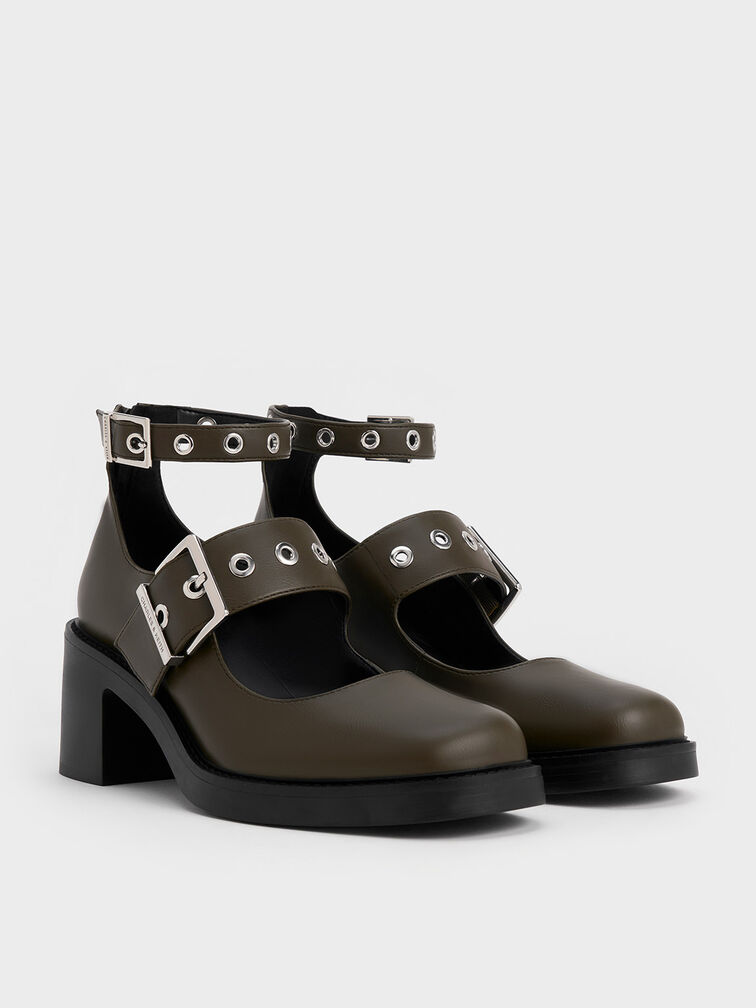 Grommet-Strap Mary Jane Pumps, Olive, hi-res