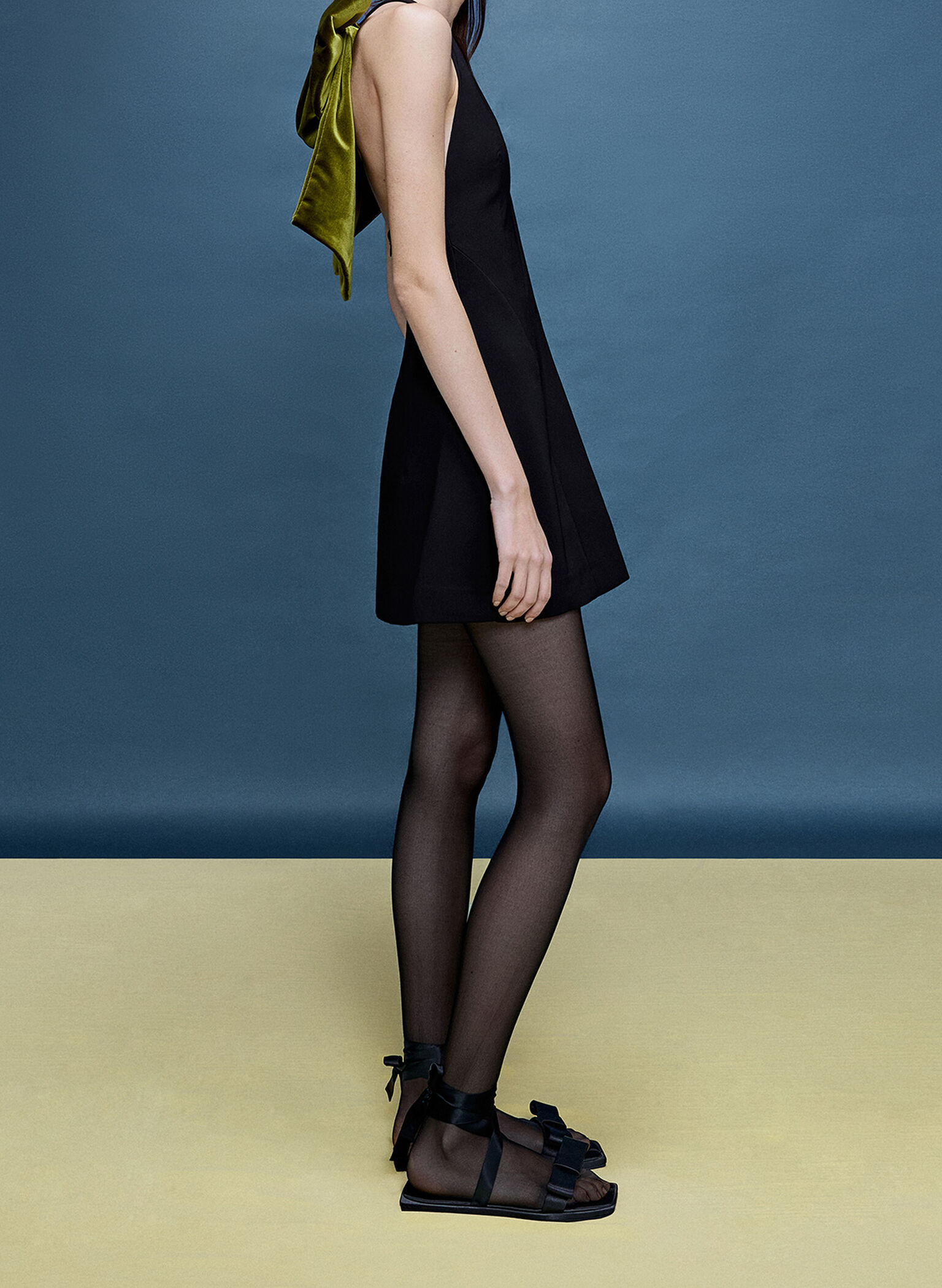 Satin Bow Tie-Around Flat Sandals, Black Textured, hi-res