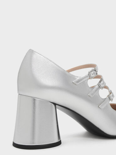 Claudie Metallic Buckled Mary Janes, Silver, hi-res