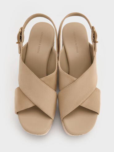 Faux Suede Crossover Espadrille Wedges, Sand, hi-res