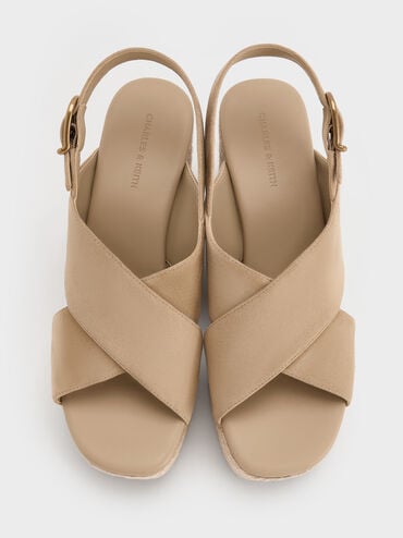 Faux Suede Crossover Espadrille Wedges, Sand, hi-res