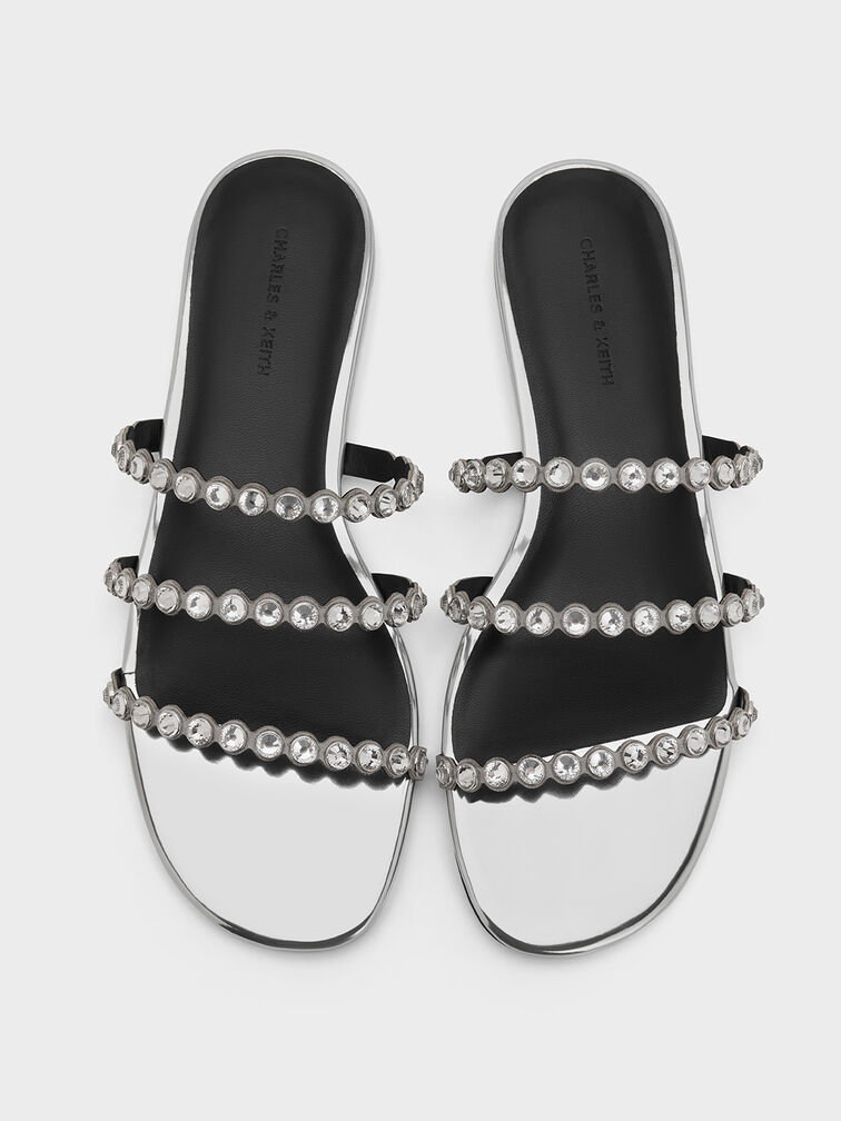 Crystal-Embellished Triple-Strap Sandals, Silver, hi-res