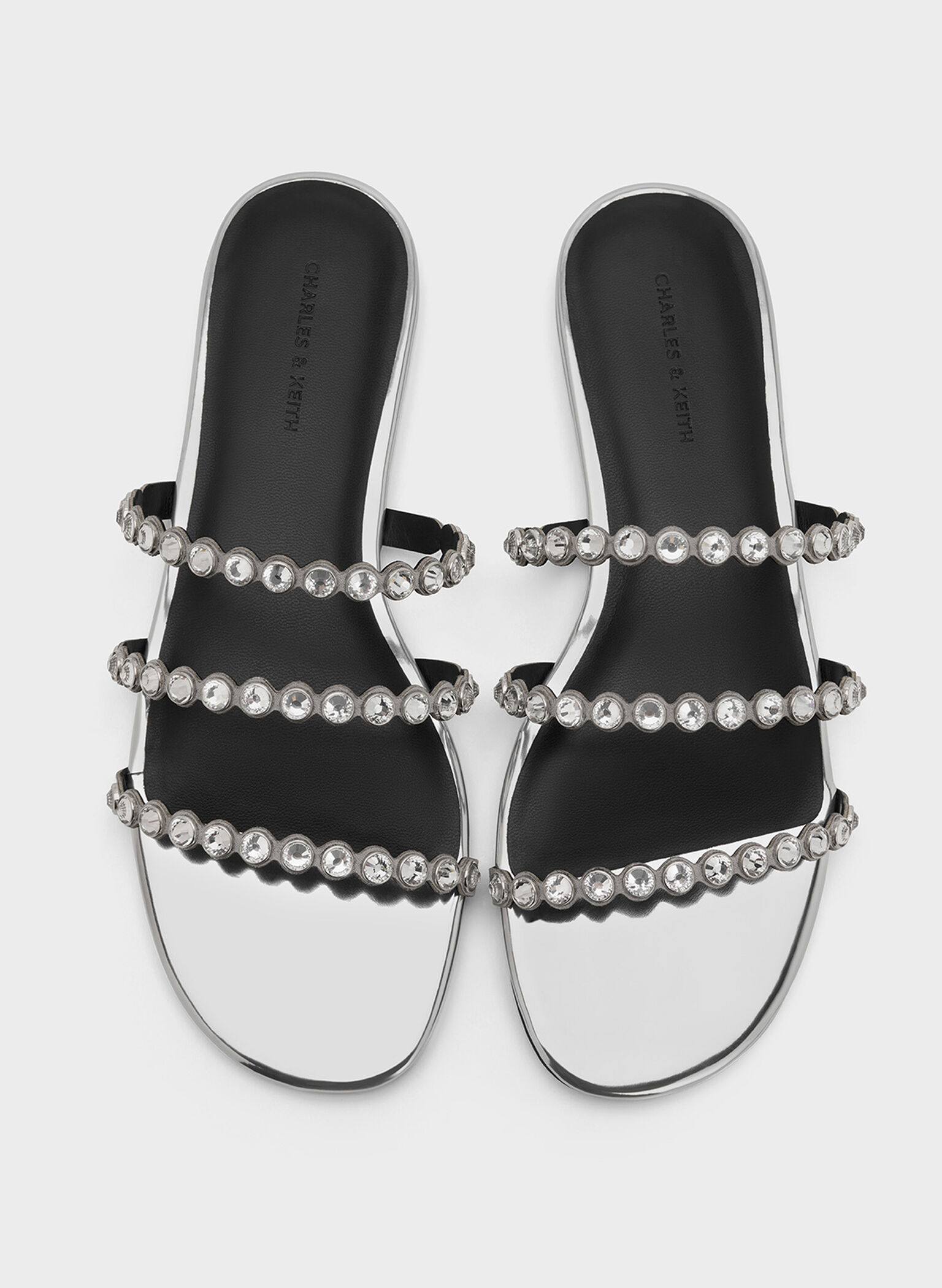 Crystal-Embellished Triple-Strap Sandals, Silver, hi-res