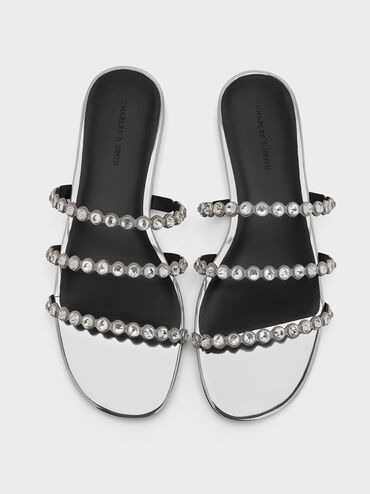 Crystal-Embellished Triple-Strap Sandals, Silver, hi-res