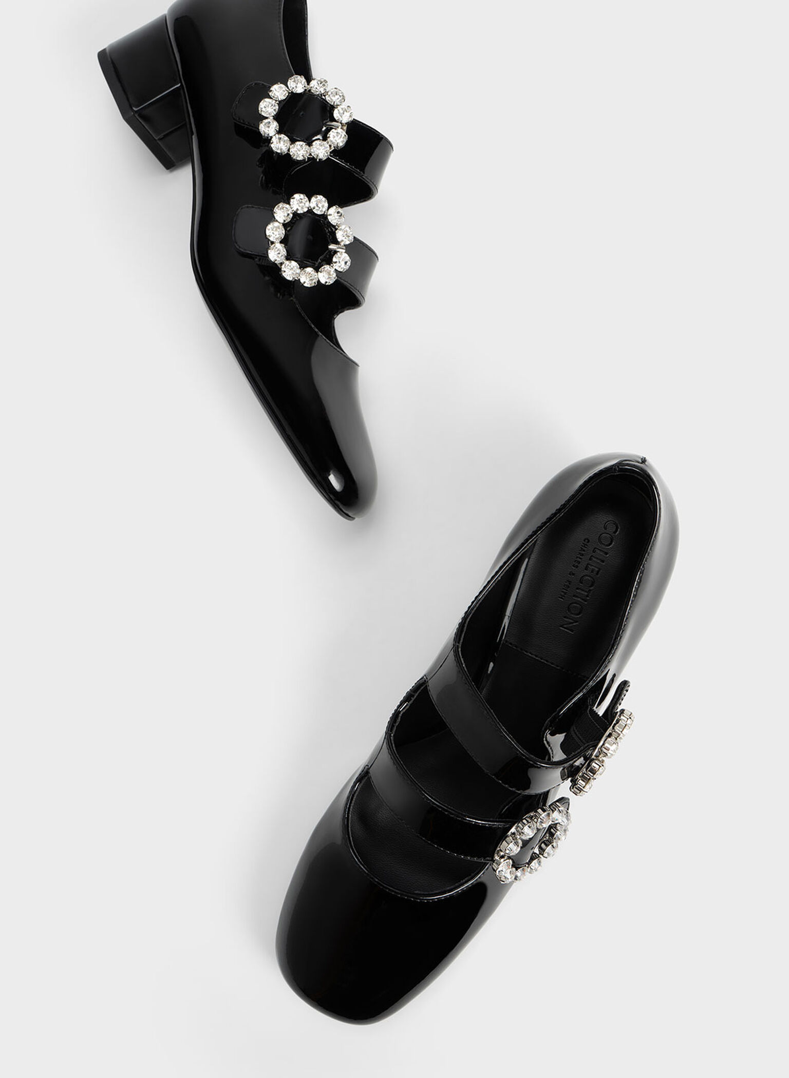 Embellished Buckle Patent Mary Janes, Black, hi-res