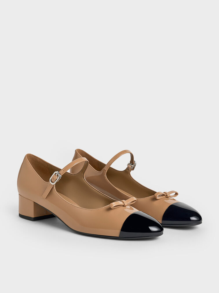 Patent Bow Cap-Toe Mary Jane Pumps, Caramel, hi-res