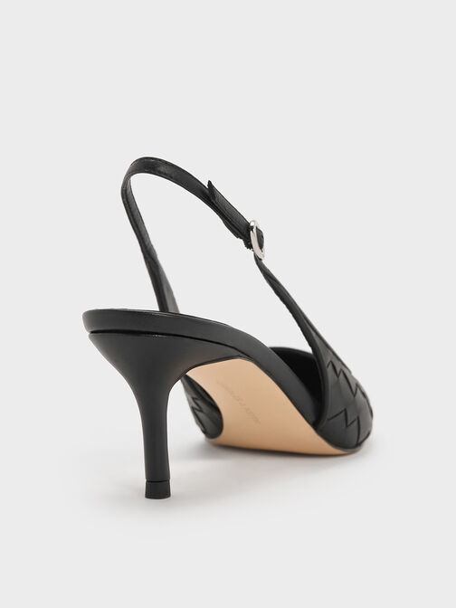 Woven Pointed-Toe Slingback Pumps, Black, hi-res