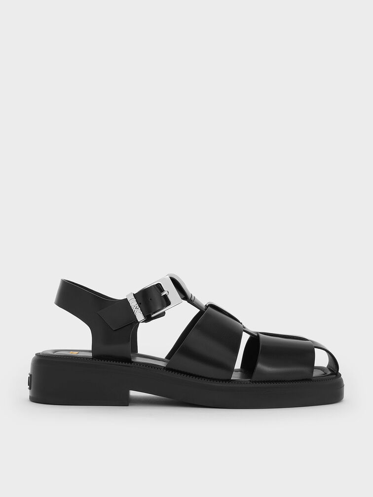 Leather Caged Sandals, Black, hi-res