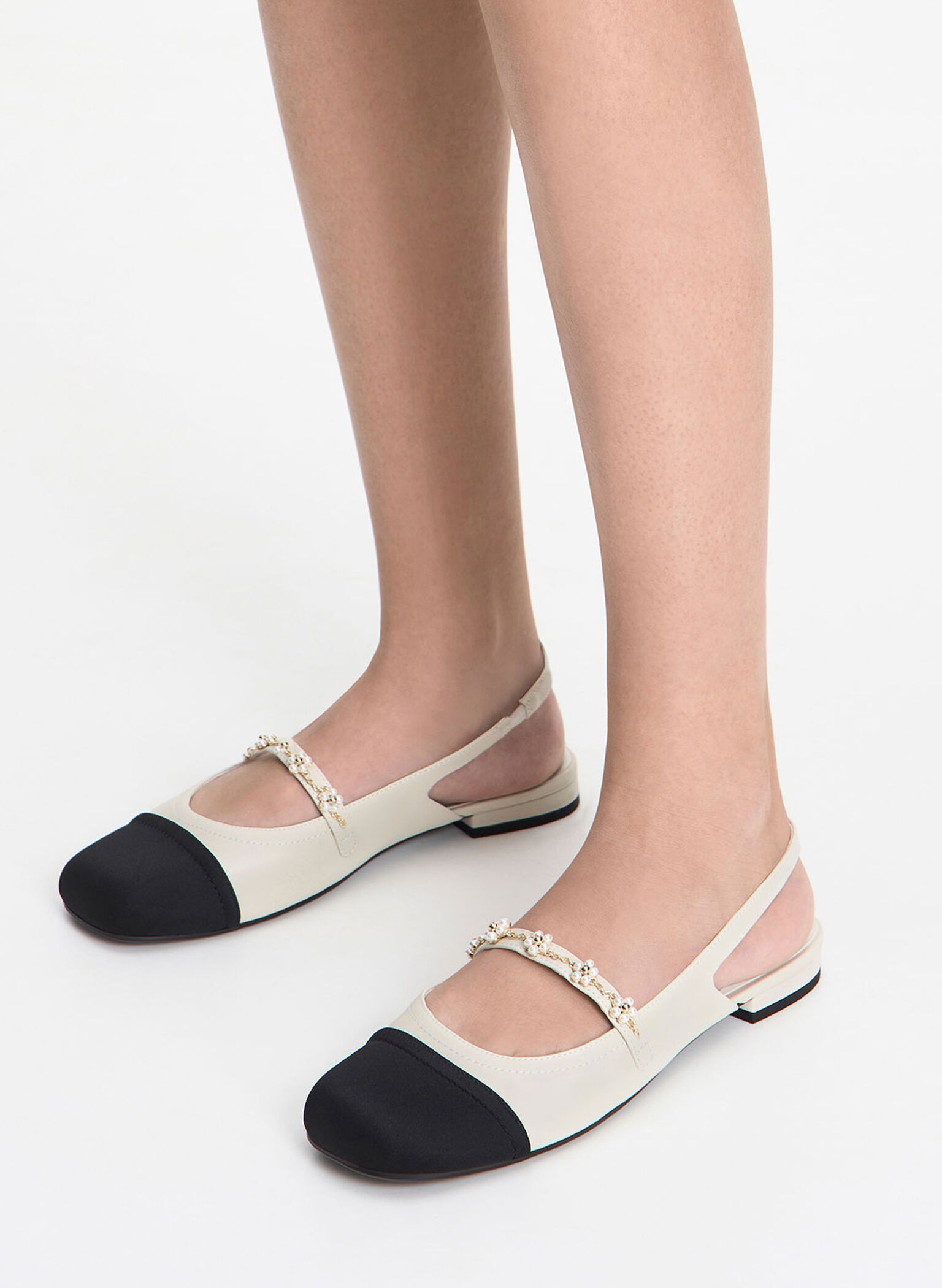 Beaded Flower Slingback Flats, Chalk, hi-res