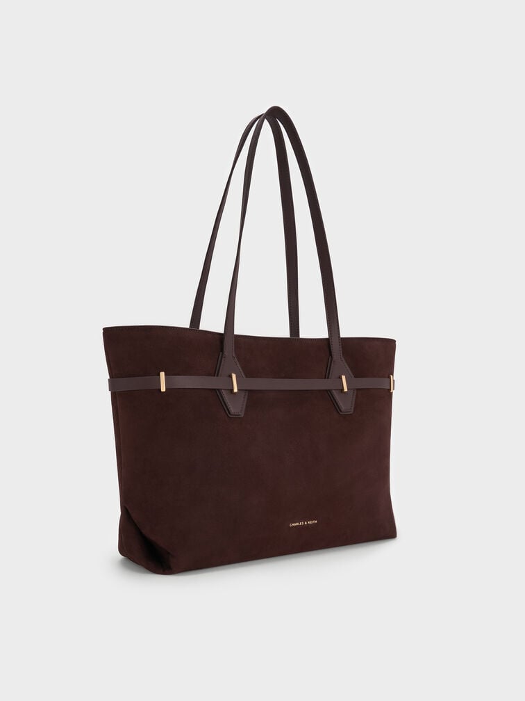 Arlet Recycled Suede Double-Handle Belted Tote Bag, Espresso Brown, hi-res