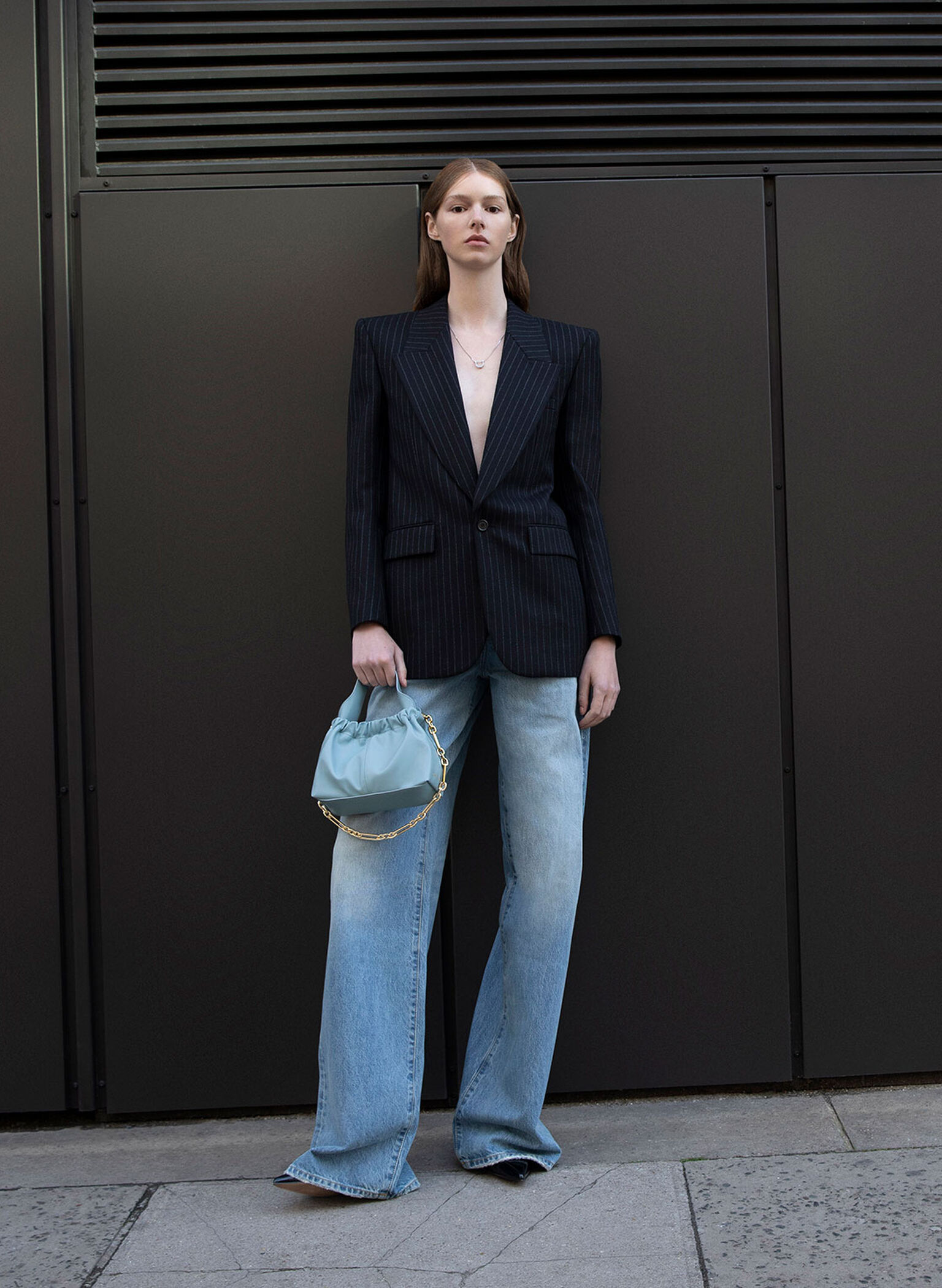 Ally Ruched Slouchy Chain-Handle Bag, Slate Blue, hi-res