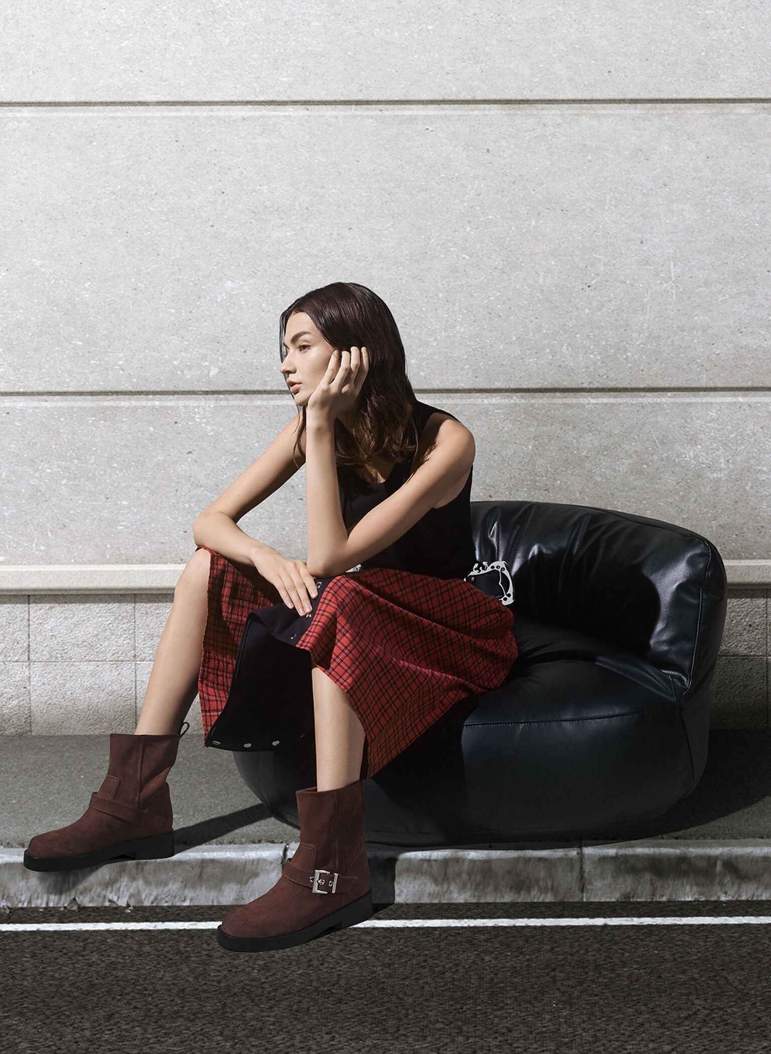 Faux Suede Buckle-Strap Biker Boots, Dark Brown, hi-res
