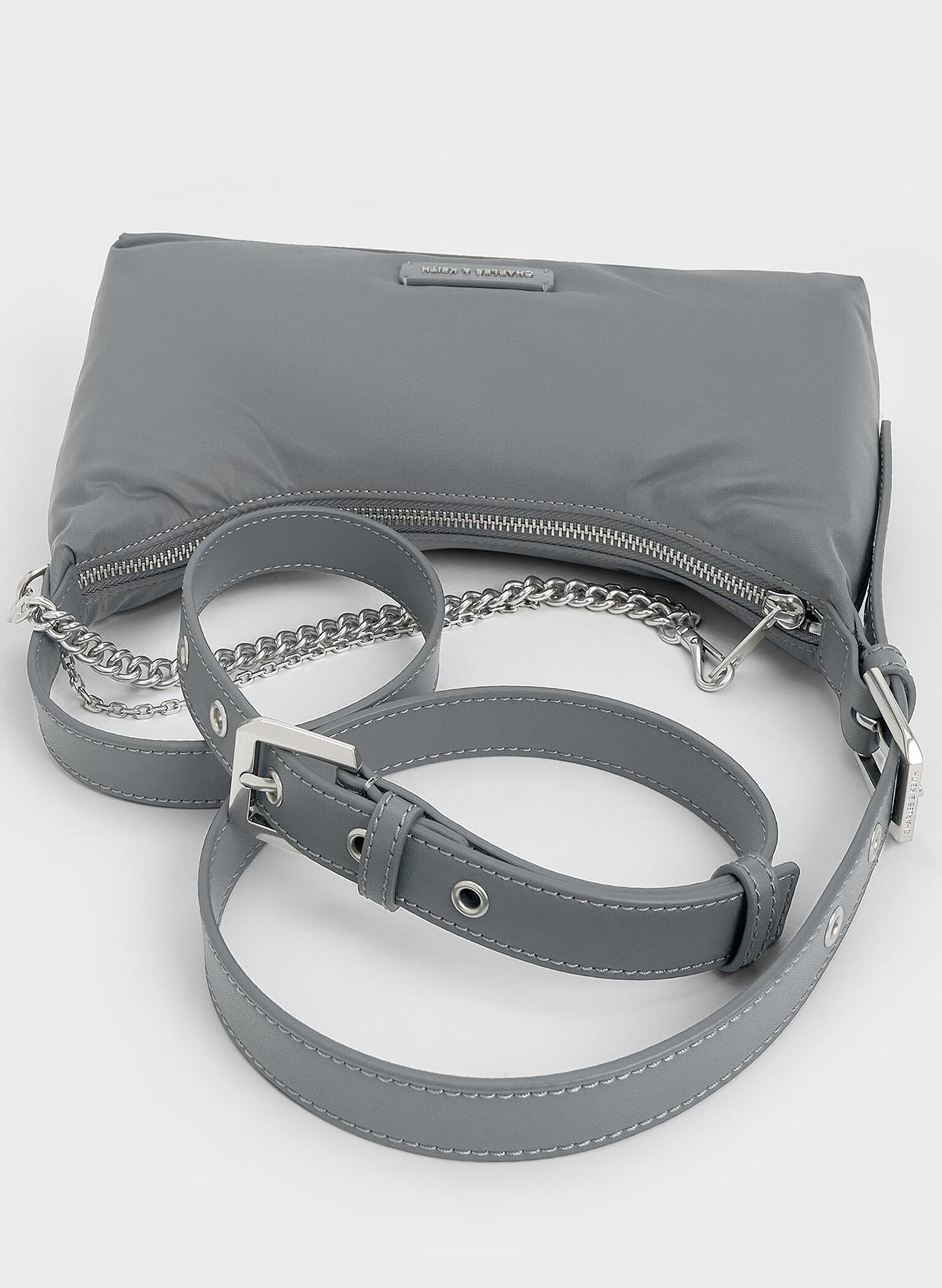 Nylon Chain-Link Trapeze Shoulder Bag, Grey, hi-res
