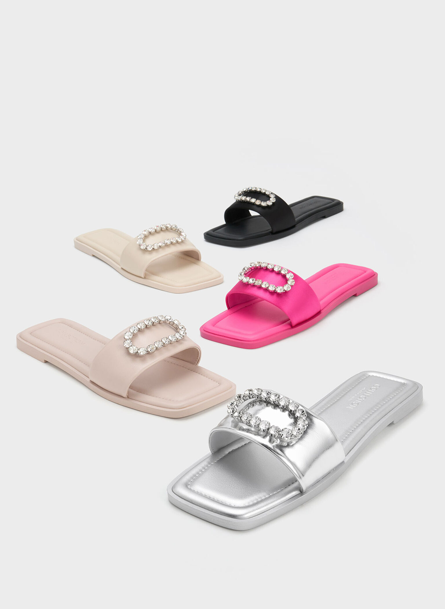 Gem-Embellished Leather Slides, Nude, hi-res