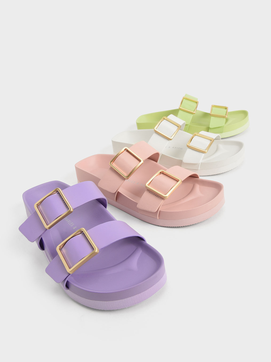 Metallic Buckle Slide Sandals, Light Pink, hi-res