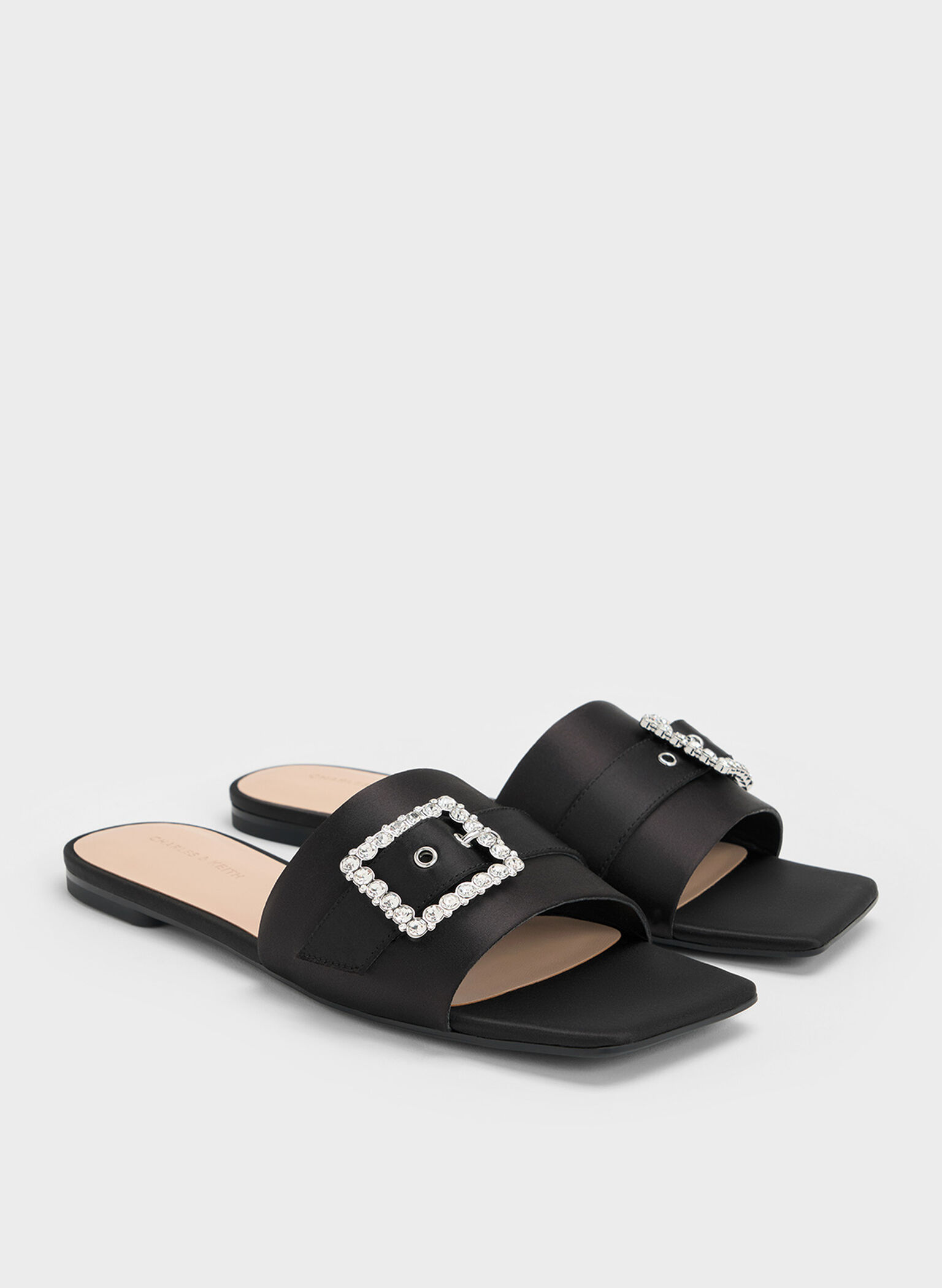 Satin Gem-Buckle Square-Toe Slide Sandals, Black Textured, hi-res