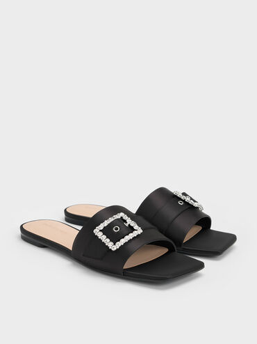 Satin Gem-Buckle Square-Toe Slide Sandals, Black Textured, hi-res