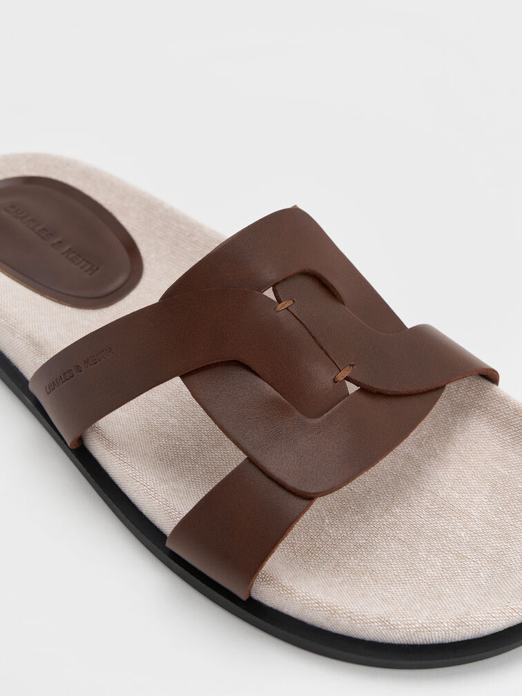 Linen Interwoven Cut-Out Slide Sandals, Dark Brown, hi-res